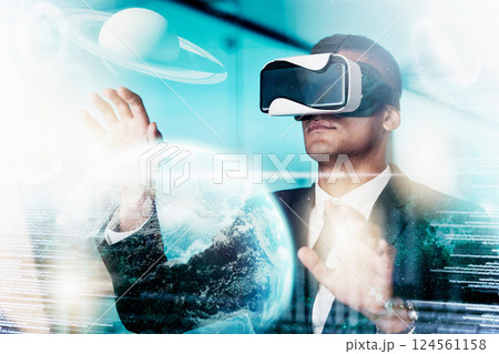 VR, businessman and global media, metaverse or networking data, digital transformation or futuristic cyber universe innovation. Technology abstract in office of virtual reality future user automation 124561158