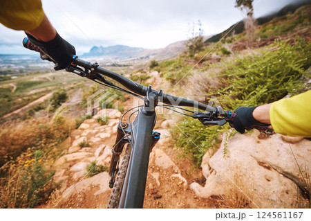Pov, hands and cycling man in nature with mountain view for fitness, adventure and training morning cardio. Exercise, cyclist and man perspective along South Africa mountain trail, workout and fun Pov, hands and cycling man in nature with mountain view for fitness, adventure and training morning cardio. Exercise, cyclist and man perspective along South Africa mountain trail, workout and fun 124561167