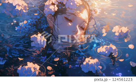 水面と紫陽花と女性 124561223