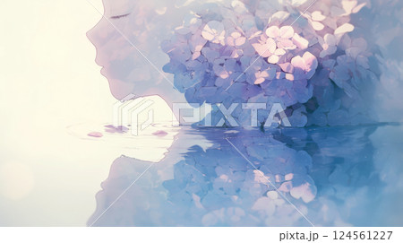 水面に映る紫陽花と女性 124561227