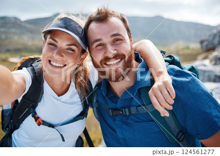 Nature, couple and hiking selfie portrait with smile for fun, adventure and health lifestyle in Mexico. Mountain, trekking and outdoor people dating enjoy happy backpack photograph together. 124561277