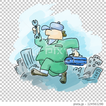 A repairman wearing work clothes and a hat, carrying a toolbox and a wrench, rushing to the site after receiving a repair request 124561290