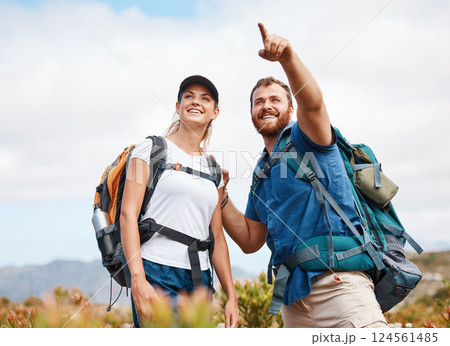 Hiking, happy and couple in nature, relax and smile, hand and pointing while talking and looking around. Friends, hikers and woman with man in forest, exercise, cardio and adventure outdoor together Hiking, happy and couple in nature, relax and smile, hand and pointing while talking and looking around. Friends, hikers and woman with man in forest, exercise, cardio and adventure outdoor together 124561485