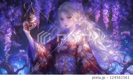 鬼のお面を持った着物の女性と藤の花 124561561