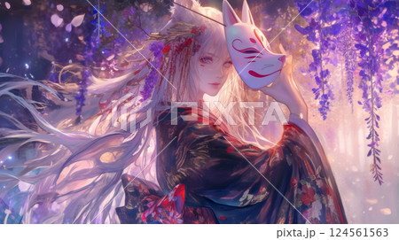 狐のお面を持った着物の女性と藤の花 狐のお面を持った着物の女性と藤の花 124561563