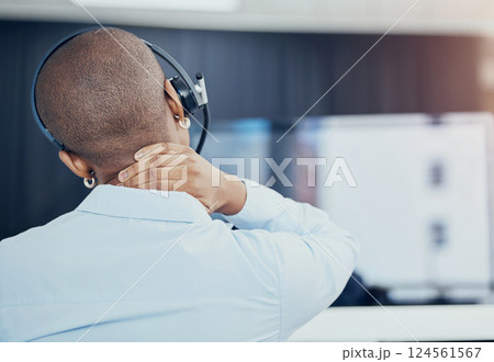 Black woman, call center or CRM with neck pain, stress or burnout consultant in office with headphones. Customer service, customer support or sales advisor with anxiety, injury or mental health Black woman, call center or CRM with neck pain, stress or burnout consultant in office with headphones. Customer service, customer support or sales advisor with anxiety, injury or mental health 124561567
