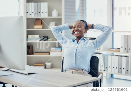 Relax call center, success or black woman sales consultant on target for winning a telemarketing or telecom bonus for company. Contact us, sales advisor or employee, wow or happy crypto stock market 124561601