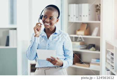 Call center business woman, tablet and communication, customer service consulting and contact us for telemarketing advice, help or crm advisor. Happy customer support consultant, digital app or sales 124561612