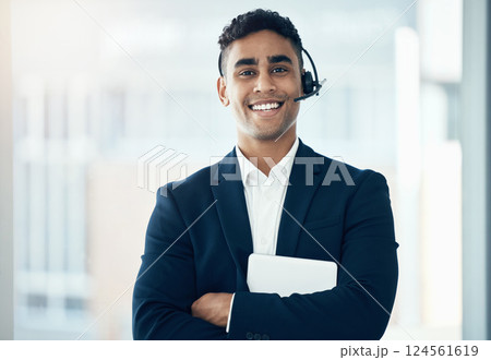 Call center, portrait and crm worker in management with a tablet at a telemarketing company with a smile. Support, customer service and happy employee with tech for online consulting and arms crossed Call center, portrait and crm worker in management with a tablet at a telemarketing company with a smile. Support, customer service and happy employee with tech for online consulting and arms crossed 124561619