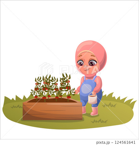 Illustration of a child doing gardening and animal husbandry Illustration of a child doing gardening and animal husbandry 124561641