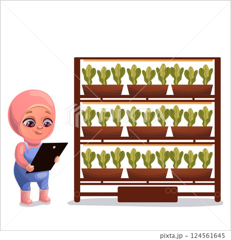 Illustration of a child doing gardening and animal husbandry Illustration of a child doing gardening and animal husbandry 124561645