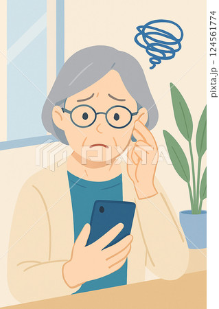スマートフォンの使い方に困っている高齢女性のイラスト 124561774
