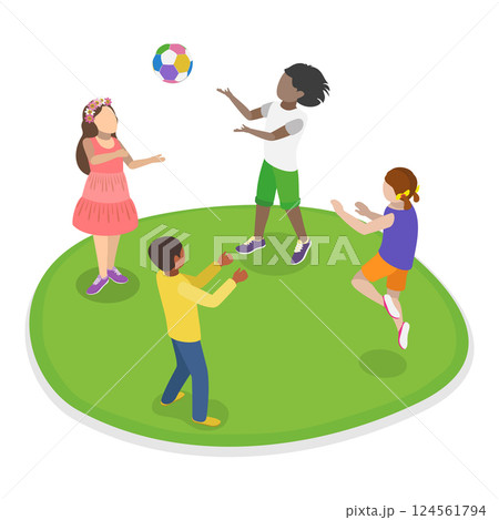 3D Isometric Flat Vector Illustration of Children Playing Outside, Active Healthy Childhood. Item 2 3D Isometric Flat Vector Illustration of Children Playing Outside, Active Healthy Childhood. Item 2 124561794