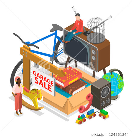 3D Isometric Flat Vector Illustration of Garage Sale, Flea Market, Bazaar. Item 3 124561844