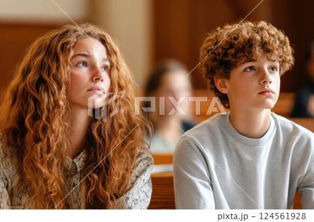 Concerned mother and son attending trial in bright courtroom with engaging expressions 124561928