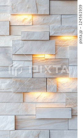 Brick wall design with alternating glass and stone illuminated in bright daylight 124561939
