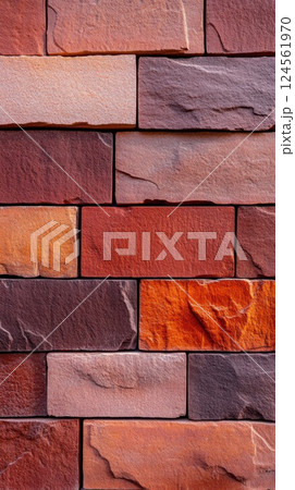 Photorealistic brick wall blending glowing glass and natural stone in bright daylight 124561970