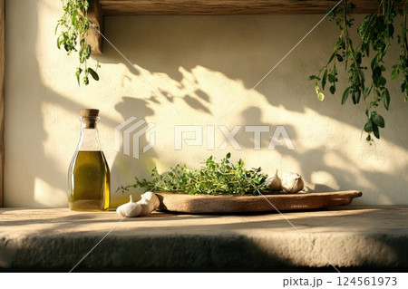 Rustic kitchen counter with fresh herbs and garlic on a stone surface under warm light 124561973