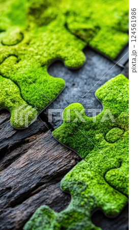 Close up view of two interlocking puzzle pieces featuring natural moss texture 124561986