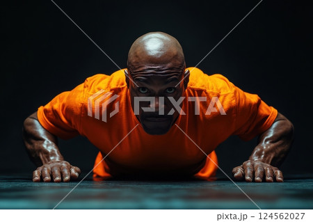 Inmate engages in intense push ups in a dimly lit cell with a determined focus 124562027