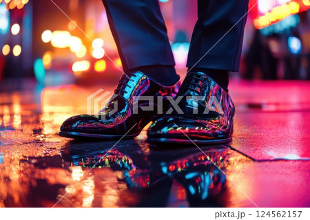 Polished dress shoes reflect city lights on a wet sidewalk during a vibrant night atmosphere 124562157
