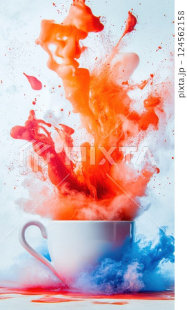 Cup of tea transforms into molten lava with steam frozen in mid air in vibrant display 124562158