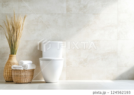 Bright bathroom features a white toilet and wicker laundry basket with soft tiles and space for text 124562193