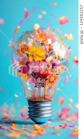 Shattered lightbulb filled with blooming flowers captured in striking close up detail 124562257