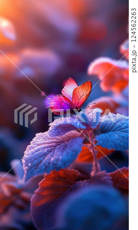 Glowing neon butterfly rests on frosted flower with vibrant colors and soft natural light 124562263