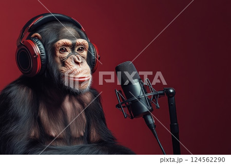 Chimpanzee hosts podcast while wearing large headphones and speaking into mic 124562290