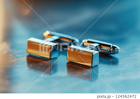 Minimalistic cufflinks displayed on a polished surface with soft lighting effects Minimalistic cufflinks displayed on a polished surface with soft lighting effects 124562472
