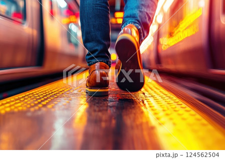 Legs stepping out of a subway train in an urban environment with dynamic motion 124562504