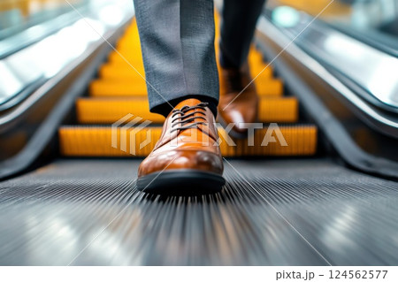 Businessman steps onto escalator in vibrant urban setting with polished shoes 124562577
