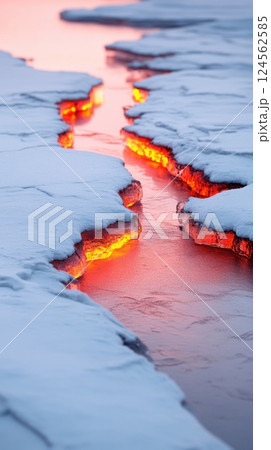 Frozen river reveals patches of glowing embers under clear daylight 124562585