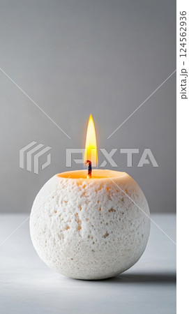 Burning candle glowing warmly inside a snowball creating a cozy ambiance 124562936