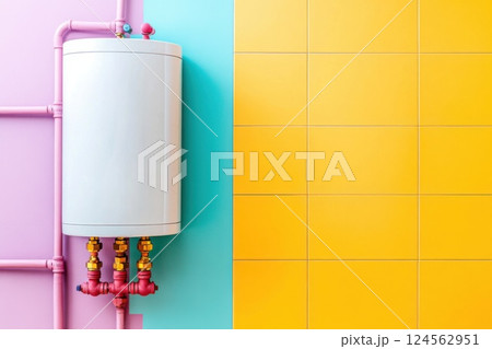 Close up view of a modern water heater boiler mounted in a vibrant bathroom setting 124562951