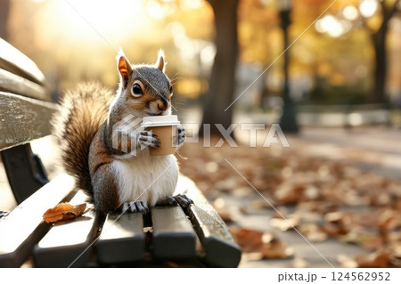 Squirrel relaxing on a park bench enjoying a tiny cup of coffee in autumn 124562952