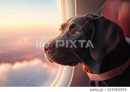 Dog looks out of airplane window enjoying views of clouds and sky during flight 124562954