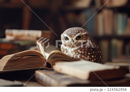 Owl engages in reading a book in a well lit library filled with numerous bookshelves 124562956