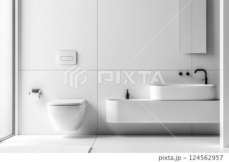 Minimalist bathroom design with wall hung toilet and floating vanity in bright white 124562957