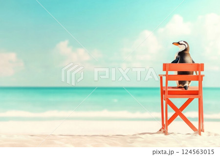Penguin watches over the beach from a lifeguard chair under a sunny sky 124563015