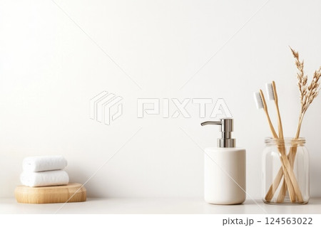 Bright minimalist bathroom countertop with soap dispenser and bamboo toothbrush holder 124563022