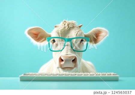 Cow in glasses sits at office desk typing on a keyboard in a colorful workspace 124563037
