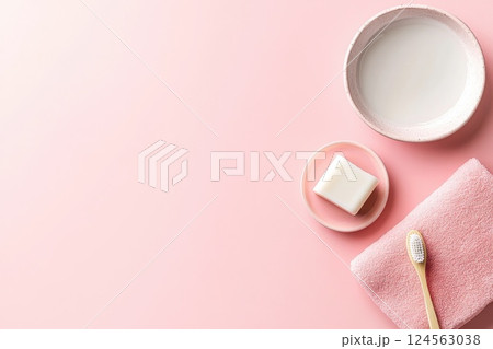 Neat bathroom arrangement featuring toothbrush towel and soap dish on pastel background Neat bathroom arrangement featuring toothbrush towel and soap dish on pastel background 124563038