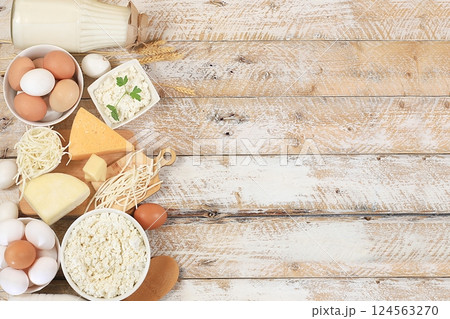 Assorted fresh dairy products, healthy breakfast with ingredients, natural food concept, top view with place for text, diet food, rustic table, selective focus Assorted fresh dairy products, healthy breakfast with ingredients, natural food concept, top view with place for text, diet food, rustic table, selective focus 124563270