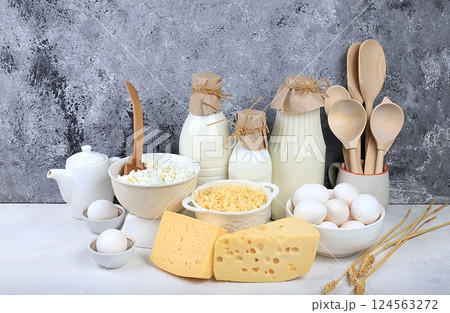 Assorted fresh dairy products, natural food concept, healthy breakfast with ingredients, maintaining healthy intestinal microflora, diet food, rustic table, selective approach Assorted fresh dairy products, natural food concept, healthy breakfast with ingredients, maintaining healthy intestinal microflora, diet food, rustic table, selective approach 124563272