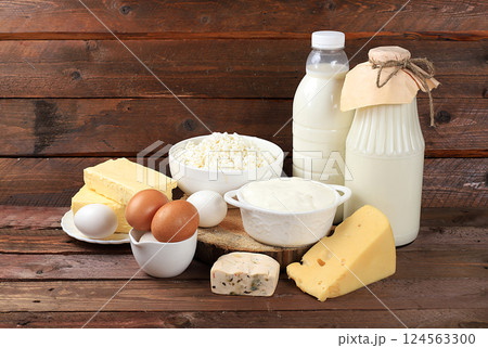 Assorted fresh dairy products, healthy breakfast with ingredients, natural nutrition concept, maintaining healthy intestinal microflora, diet nutrition, rustic table, selective approach Assorted fresh dairy products, healthy breakfast with ingredients, natural nutrition concept, maintaining healthy intestinal microflora, diet nutrition, rustic table, selective approach 124563300