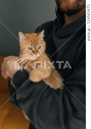 Vertical cropped shot of unrecognizable caring man tenderly holding ginger cat, embodying warm connection between human and feline companion, reflecting gentle pet ownership. Vertical cropped shot of unrecognizable caring man tenderly holding ginger cat, embodying warm connection between human and feline companion, reflecting gentle pet ownership. 124563472