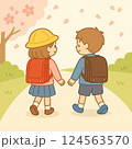 小学校に登校する男の子と女の子 124563570
