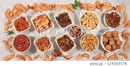 Assortment of various nuts and dried fruits,  124563576